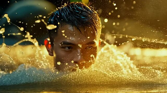Young Asian man with short hair enjoys swimming in a natural waterfall pool at dusk. The serene atmosphere is enhanced by soft sunlight filtering through trees, highlighting his focused expression.