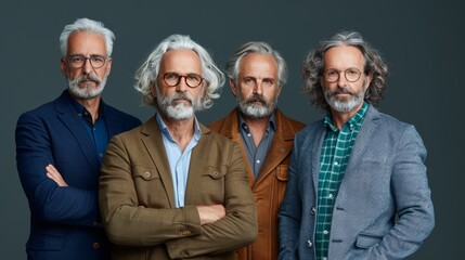 Four distinguished older men stand confidently, showcasing diverse styles and hairstyles. They exude charisma and individuality while posing against a minimalist backdrop.