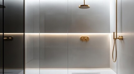 Frameless glass shower with minimalist brass fixtures, minimalist bathroom fixtures, modern sleek elegance