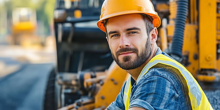 Stra&szlig;enbauer auf Baustelle mit Asphaltiermaschine und Warnweste