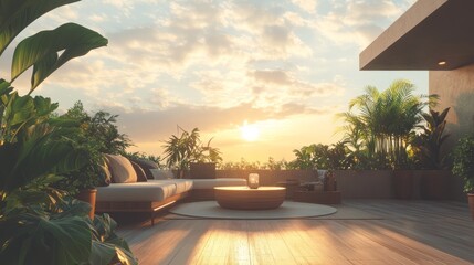 Fototapeta premium Serene Sunset Over Modern Balcony Garden