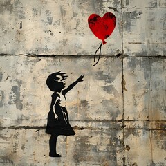 Image of A young girl in a dress stretches her arm towards a vibrant red balloon floating away against a textured, gray concrete wall, symbolizing lost dreams or childhood innocence. printed on Printed Glass Splashbacks