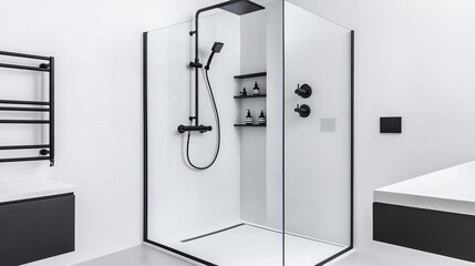 Frameless glass shower with matte black hardware and minimalist controls, minimalist bathroom fixtures, modern bold contrast