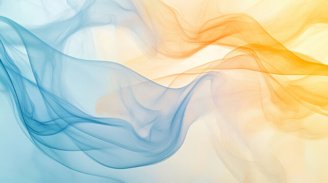 Soft, pastel trails of blue and yellow smoke intertwine gently, forming a flowing, serene abstract background with smooth transitions.