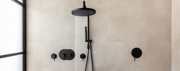Frameless shower with matte black controls and rainfall showerhead, minimalist bathroom fixtures, sleek design contrast