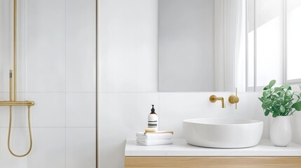 Fototapeta premium Frameless shower with minimalist brass hardware and simple lines, minimalist bathroom fixtures, modern sleek look