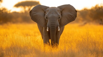 Obraz premium A majestic elephant stands in golden grass during sunset, showcasing its large ears and tusks against a warm, vibrant background