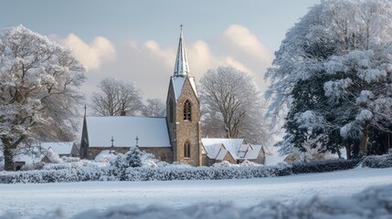 A traditional stone church in a snowy hamlet, its spire visible above the frosty trees, serving as both a spiritual and physical shelter for the community
