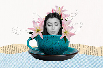 Composite photo collage of young girl head peek coffee cup lily flowers bouquet spring blossom vase...