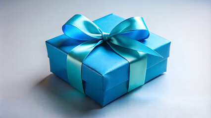 Bright blue gift box tied with satin ribbon on light background
