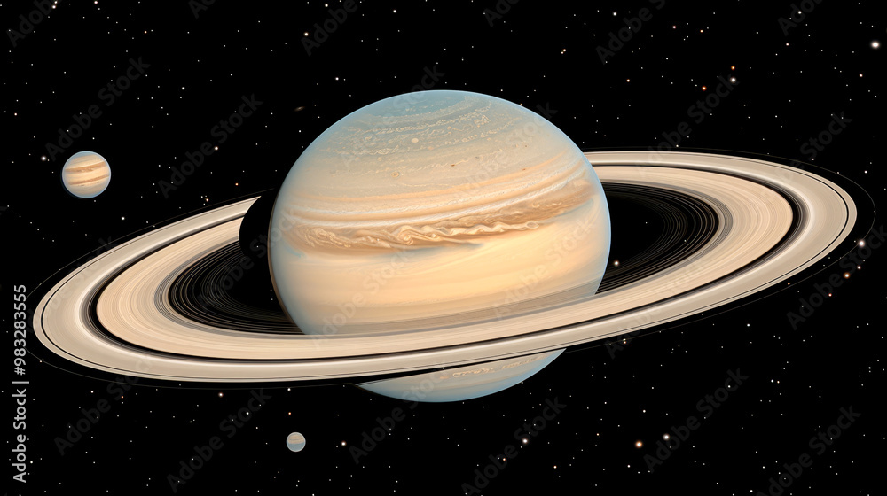 Wall mural the majestic planet saturn is displayed with its iconic rings and several moons, floating in the vas