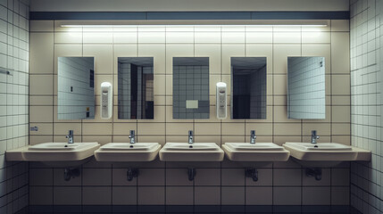 Feature a row of five modern, minimalist sinks. The basins should have clean, rectangular designs, made from porcelain or a matte finish material, mounted on a sleek countertop