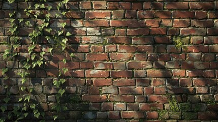 Weathered Red Brick Wall: Moss patches, climbing vines, rustic feel.
