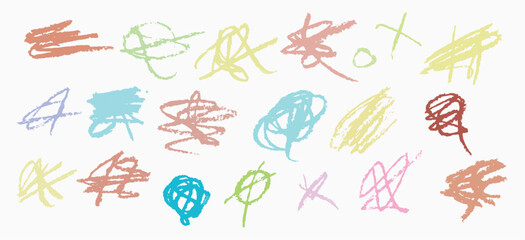 Grunge colored pencil sketches set. Colorful children pencil doodle. Vector illustration in children's style.