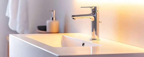 Minimalist floating vanity with a sleek chrome faucet and soft lighting, minimalist bathroom fixtures, clean modern elegance