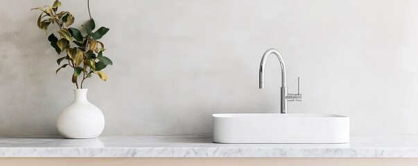 Minimalist sink with seamless faucet integration, mounted on a marble vanity, minimalist bathroom fixtures, modern elegance