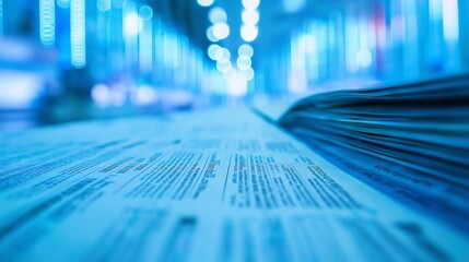 Blurred newspaper pages with a bold headline, focusing on a digital tablet, symbolizing media manipulation