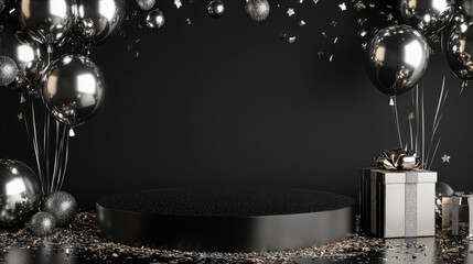 A glossy black podium with floating silver balloons, a large festive gift box, and confetti scattered around for a luxurious New Year celebration scene.
