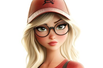 Cartoon illustration of a young woman with blonde hair, green eyes, wearing a red baseball cap and glasses