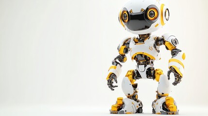 Friendly, white robot with gold accents stands against a white backdrop.