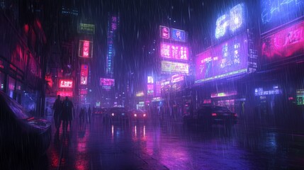 Vibrant Neon Cityscape at Night in the Rain