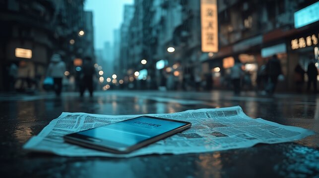 A digital tablet rests on a blurred newspaper in a rainy urban setting, symbolizing media manipulation and the shift from print to digital
