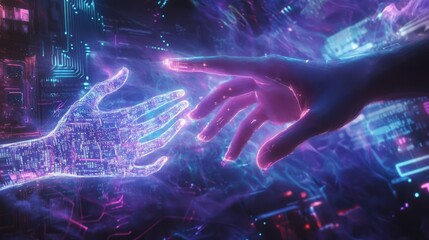 Futuristic Hands Reaching in a Digital Realm