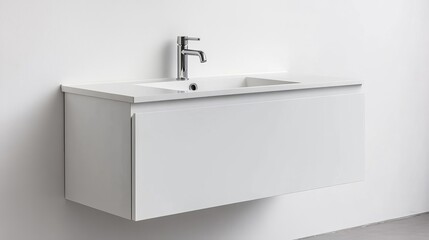 Simple white vanity with integrated faucet and minimalist handles, minimalist bathroom fixtures, clean and modern