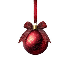 Isolated red Christmas ball decoration on transparent background. Christmas tree decoration with a bow. Hanging red ball. Cut out christmas glass ball.