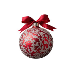 Isolated Christmas ball decoration on transparent background. Christmas tree decoration with a bow. Hanging red ball with floral ornament. 