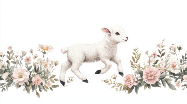 A charming illustration of a playful lamb surrounded by beautiful flowers, perfect for spring or pastoral-themed designs.