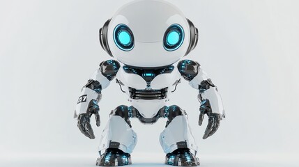 A white and blue robot stands with its arms at its sides.