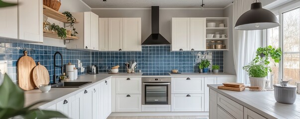 Modern Scandinavian kitchen with an efficient layout, custom white cabinetry, and a pop of color from a blue tile backsplash
