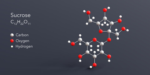 sucrose molecule 3d rendering, flat molecular structure with chemical formula and atoms color coding