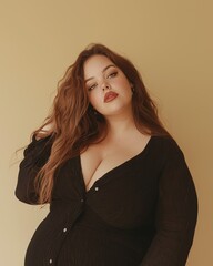 Obraz premium A young woman with long, flowing red hair poses in a black dress against a warm beige background.