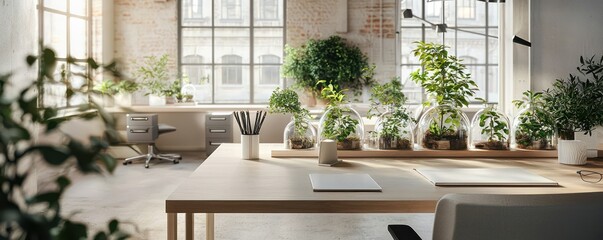Scandinavian-inspired office space with a large oak desk, ergonomic chair, and a series of plant-filled terrariums to bring nature indoors