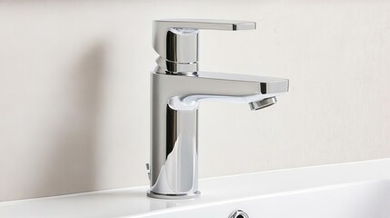 Slimline chrome faucet with seamless integration into a white ceramic sink, minimalist bathroom fixtures, clean modern look