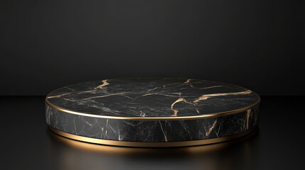 Obraz premium Sleek black marble podium with golden edges, placed on a dark gradient background with spotlighting for premium product showcase.