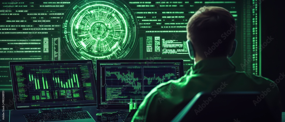 Poster a focused individual analyzes data on multiple screens in a high-tech environment with a green digit