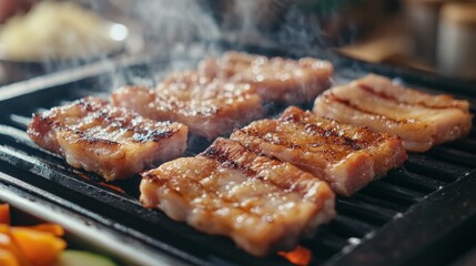 Ready to grill over a fire and enjoy with vegetables and slide meal is the belly pork prepared in the Korean method. 