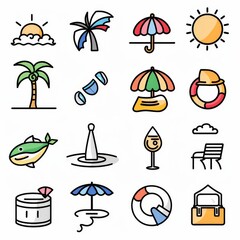 Professional And Minimalist Icons, Summer, Lineal color, line art, flat, 2d, black and white, white background