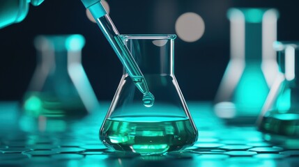 A laboratory scene showcasing a pipette dripping liquid into a flask, emphasizing science and experimentation.