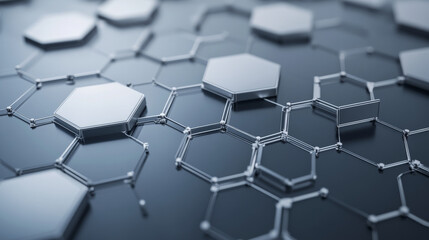 Tech-inspired design with silver and dark blue hexagons connected by fine white lines, creating a sleek networking backdrop for presentations.