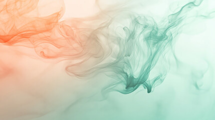 Gentle wisps of soft coral and mint green smoke blend together, creating a flowing, pastel-hued abstract background with smooth, calming transitions.