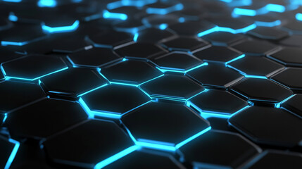 Obraz premium Networking-themed backdrop featuring light gray hexagons with glowing blue edges, connected by intricate lines, on a sleek black background.