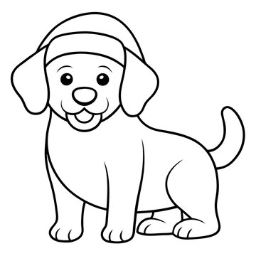 recommend clip art: coloring page for kids, bold line art,  Christmas dog with in a Santa clue hat