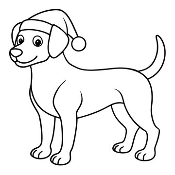 recommend clip art: coloring page for kids, bold line art,  Christmas dog with in a Santa clue hat