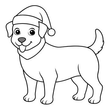 recommend clip art: coloring page for kids, bold line art,  Christmas dog with in a Santa clue hat