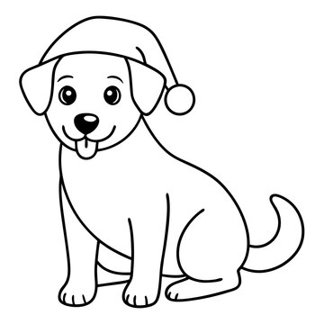 recommend clip art: coloring page for kids, bold line art,  Christmas dog with in a Santa clue hat