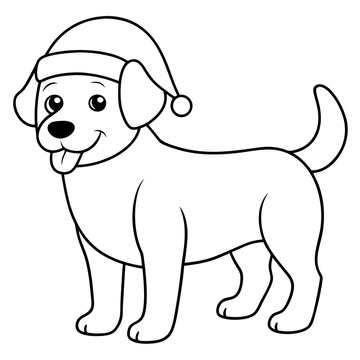 recommend clip art: coloring page for kids, bold line art,  Christmas dog with in a Santa clue hat